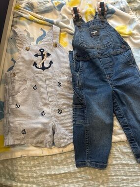 OshKosh B'gosh Navy Anchor Striped Shortalls & Denim Overalls - Blue & White